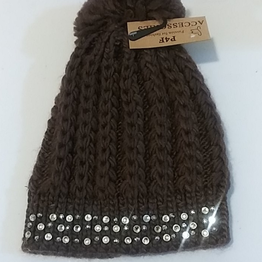 Brown Women's Winter Hat With Rhinestones